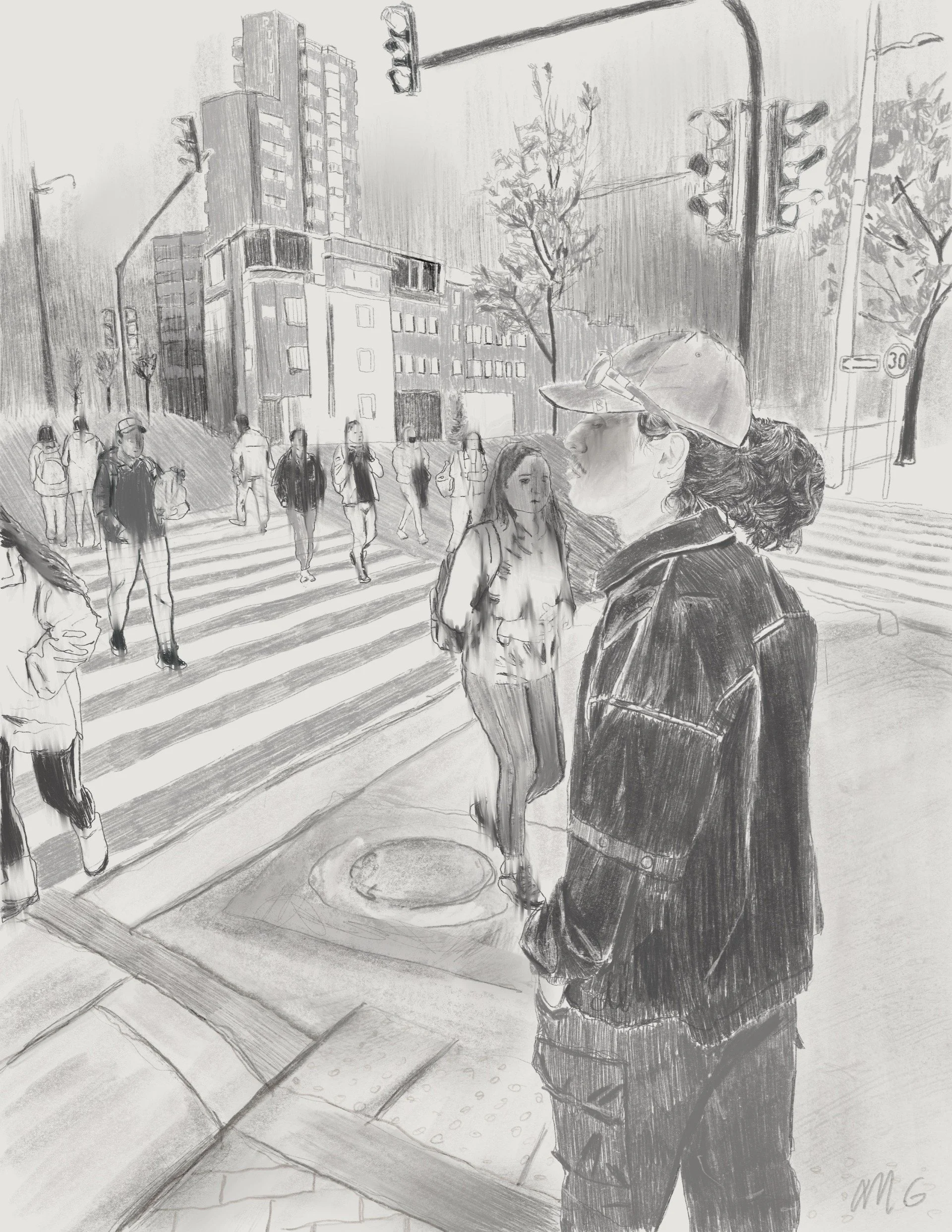Un dessin en noir et blanc montrant une scène urbaine avec des personnes attendant au passage pour piétons. Il y a des immeubles en arrière-plan, un arbre et des feux de circulation suspendus au-dessus de la rue.