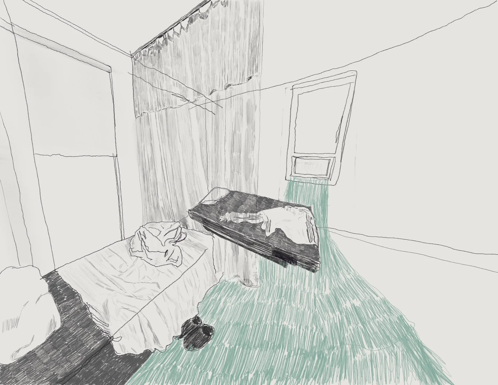 Une chambre désordonnée avec un lit sans draps, un matelas avec un drap et un coussin, une fenêtre ouverte et une armoire. La pièce est en désordre avec des vêtements éparpillés.