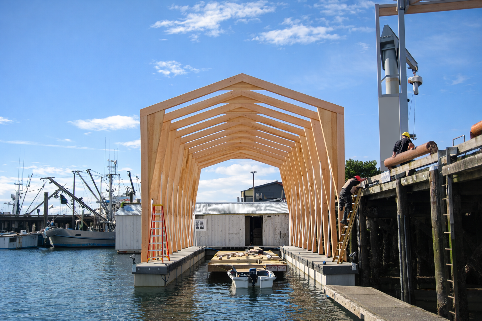 Wooden structure under construction at a harbor with workers and boats