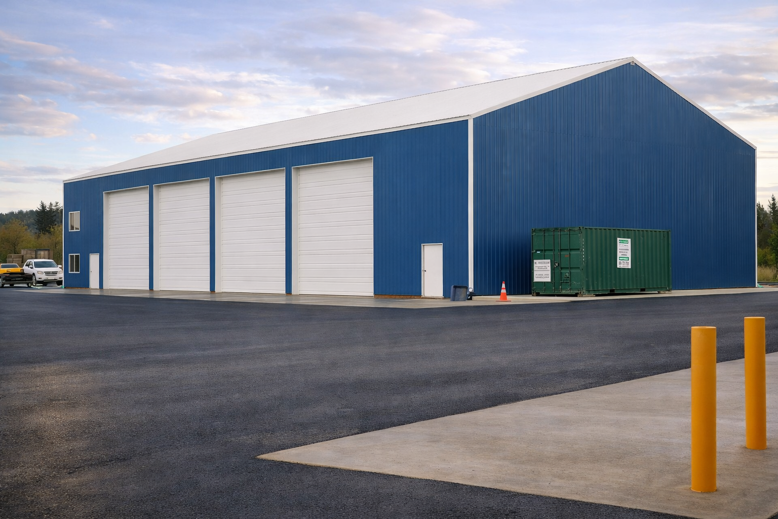 Large blue industrial warehouse with white roll-up doors and a small side door, a green shipping container outside, and a parking lot with a few vehicles and yellow bollards in the foreground.