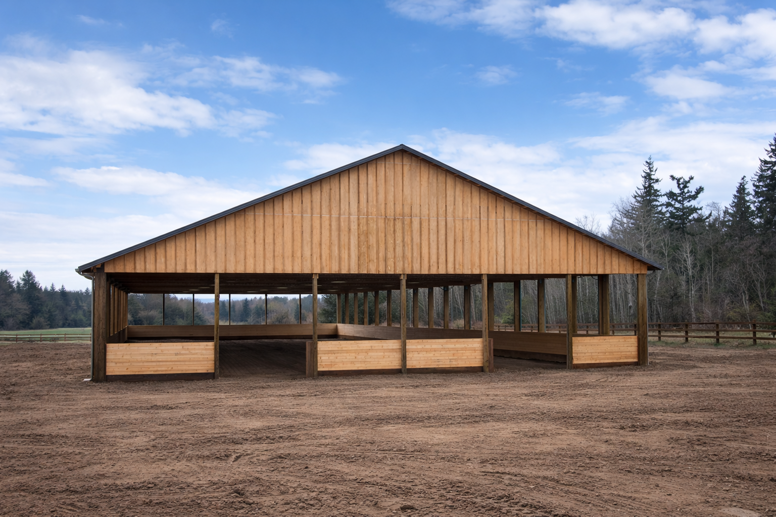 Empty wooden horse riding arena with open sides and a sloped roof, surrounded by trees under a partly cloudy sky.