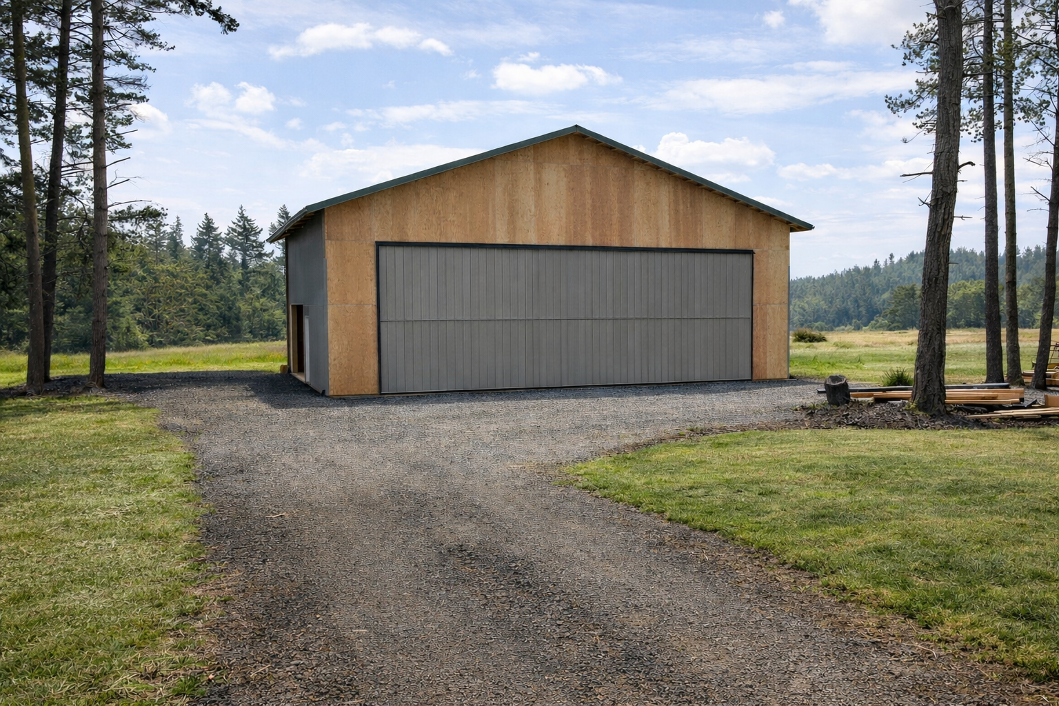 A newly built garage with a gravel driveway, surrounded by grass and trees, with a rural landscape in the background and a partly cloudy sky overhead.