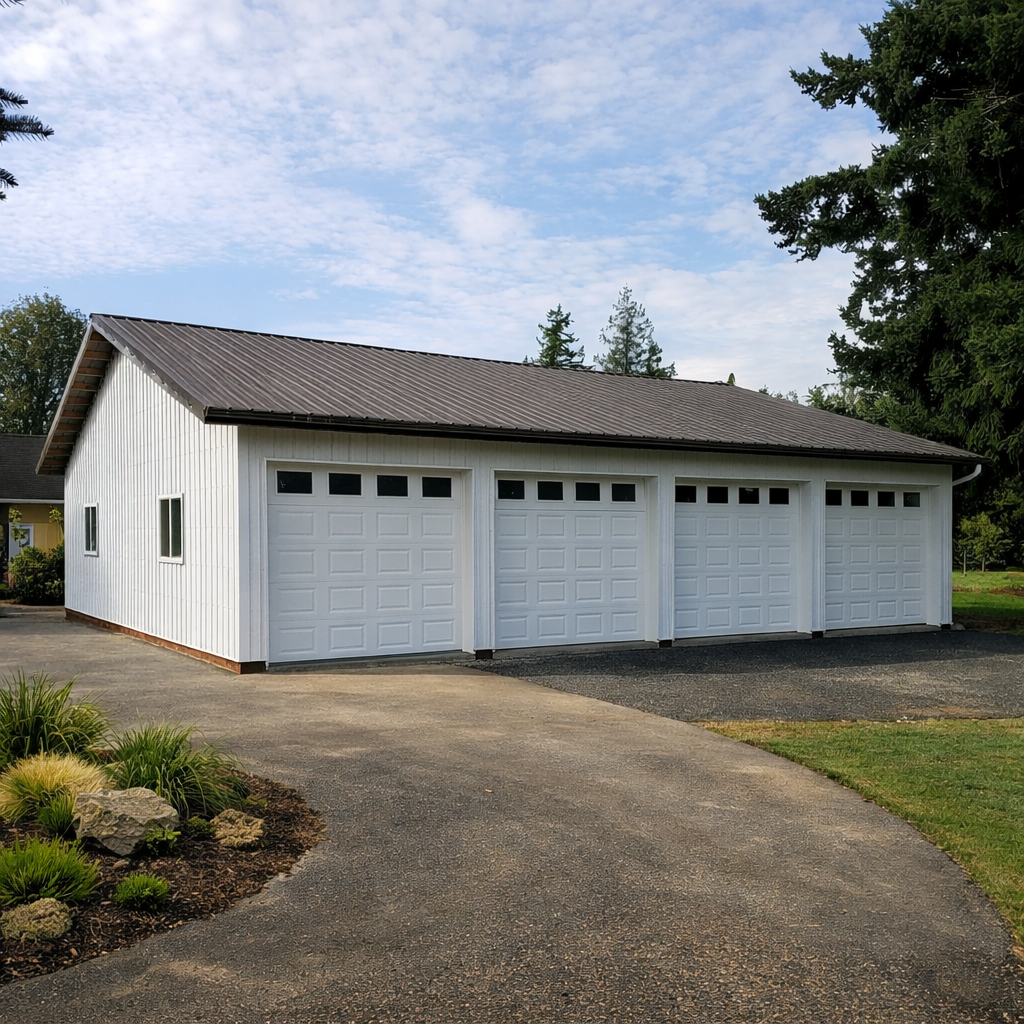 A white garage with four doors and small windows at the top.  Lynden Pole Building Contractor