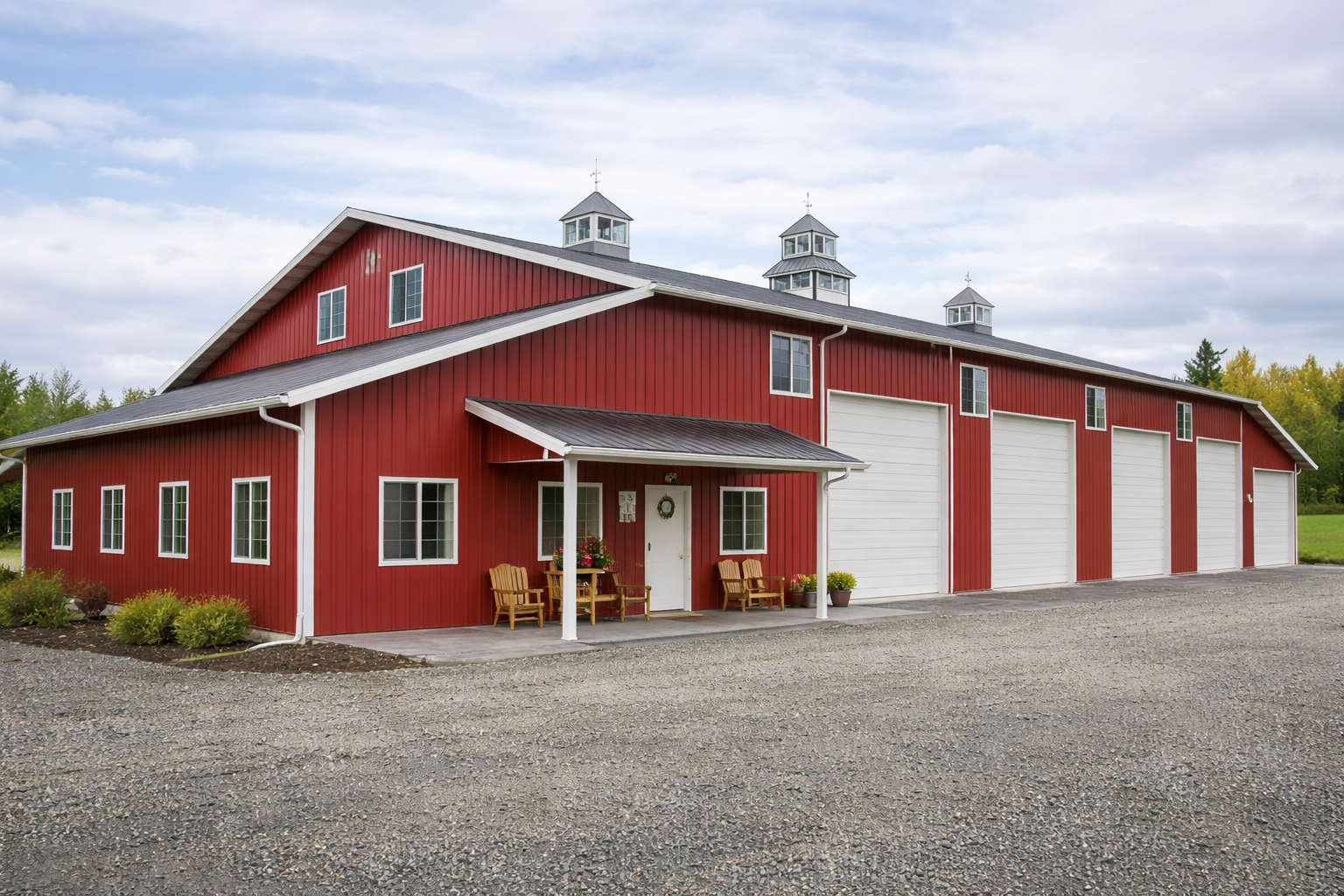 A red barn with white trim, multiple garage doors, inside an open gravel area, surrounded by green trees under a partly cloudy sky. Large Shop in Bellingham, WA