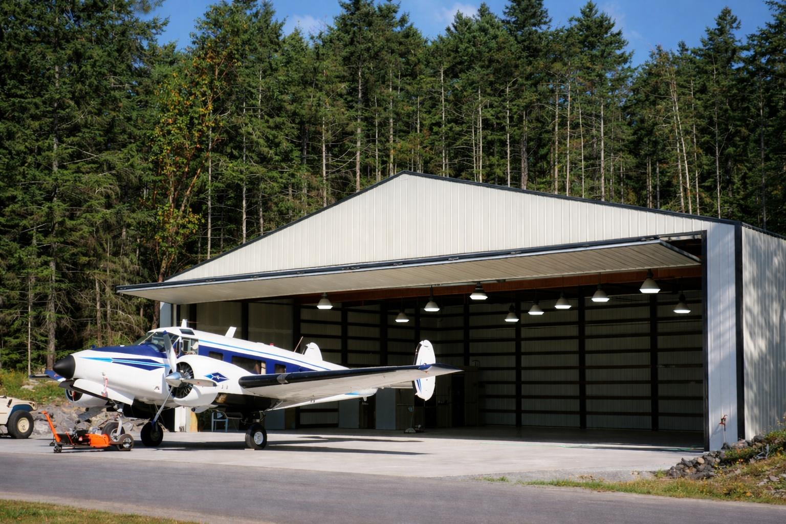 Small private airplane parked outside a hangar surrounded by trees.