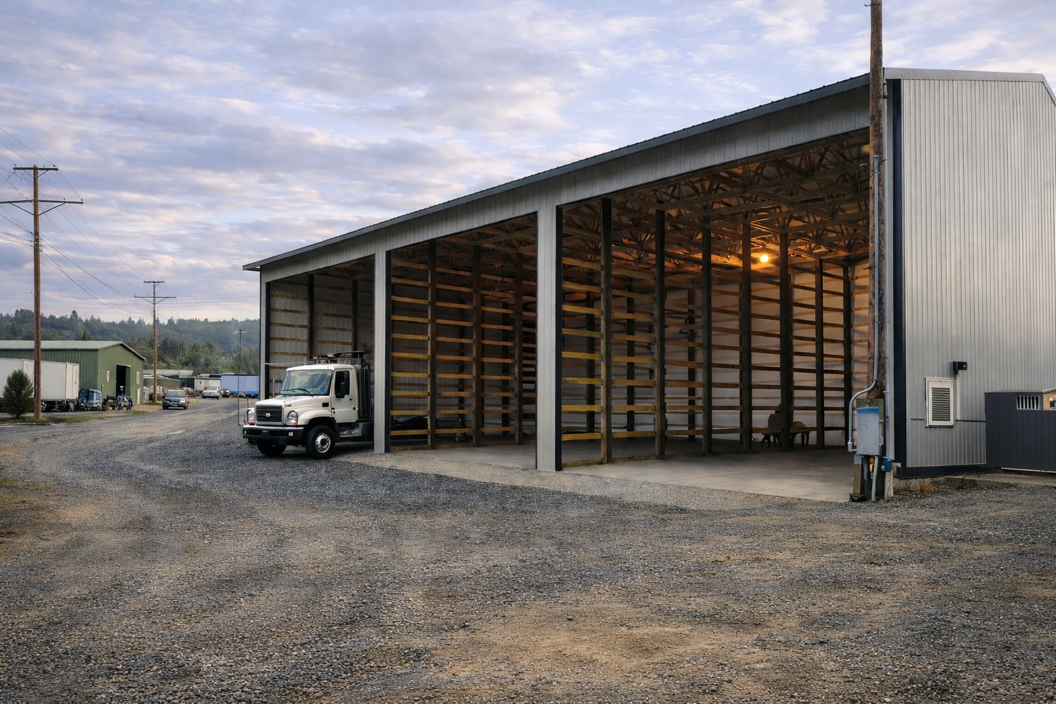 A large metal warehouse with open front, a white truck parked outside, gravel ground, and utility poles in the background during dusk.