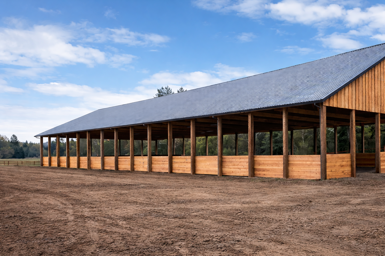 A long wooden horse arena with a metal roof, open sides, and a dirt ground in front, set against a background of trees and a partly cloudy sky.