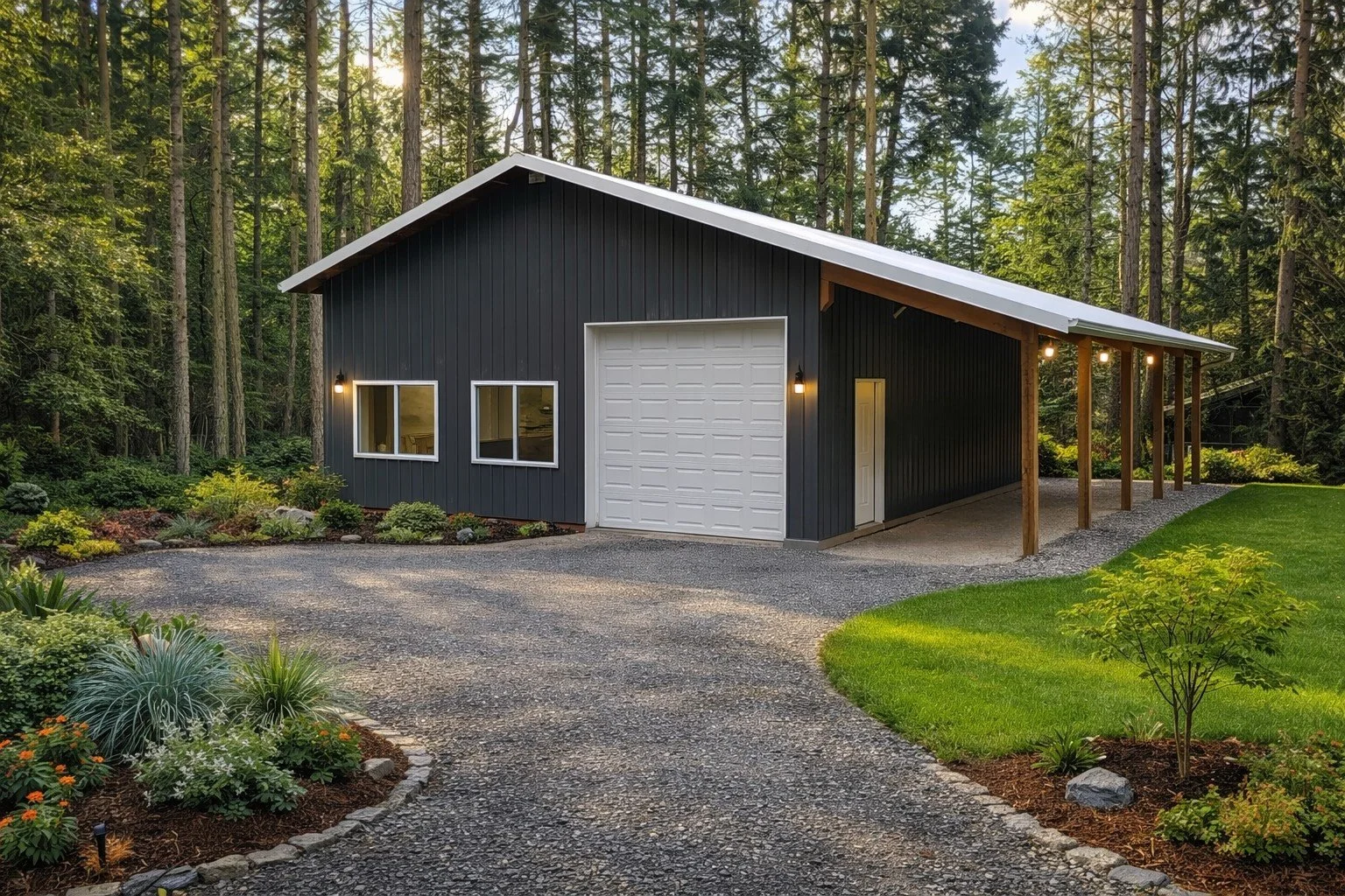 A modern black garage with a white door and exterior lights, surrounded by a landscaped yard with green grass, small plants, and trees in a wooded area. Post Frame Building Built on Lopez Island