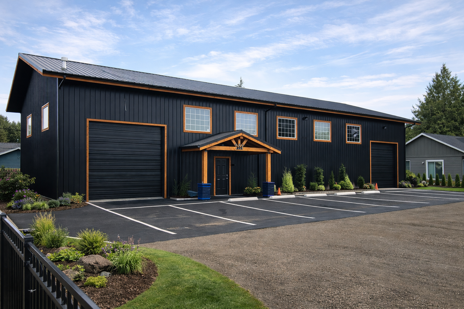 A modern black metal building with a gabled roof and wooden accents. It has two large garage doors, a small covered entrance with a black door, and several windows. The parking lot in front is paved with marked spaces, and there is landscaped greener