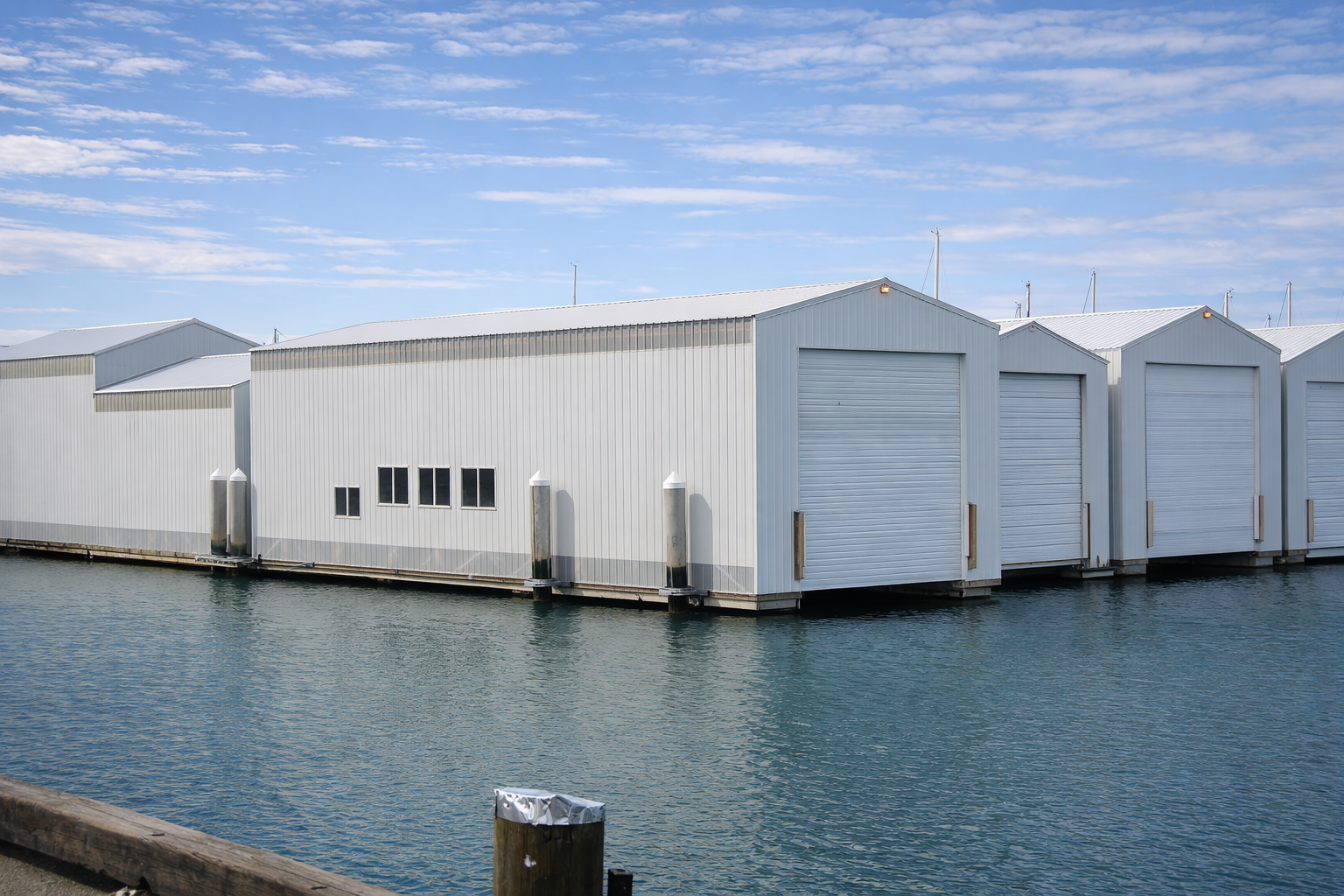 White floating docks and boathouses on a body of water under a partly cloudy sky.