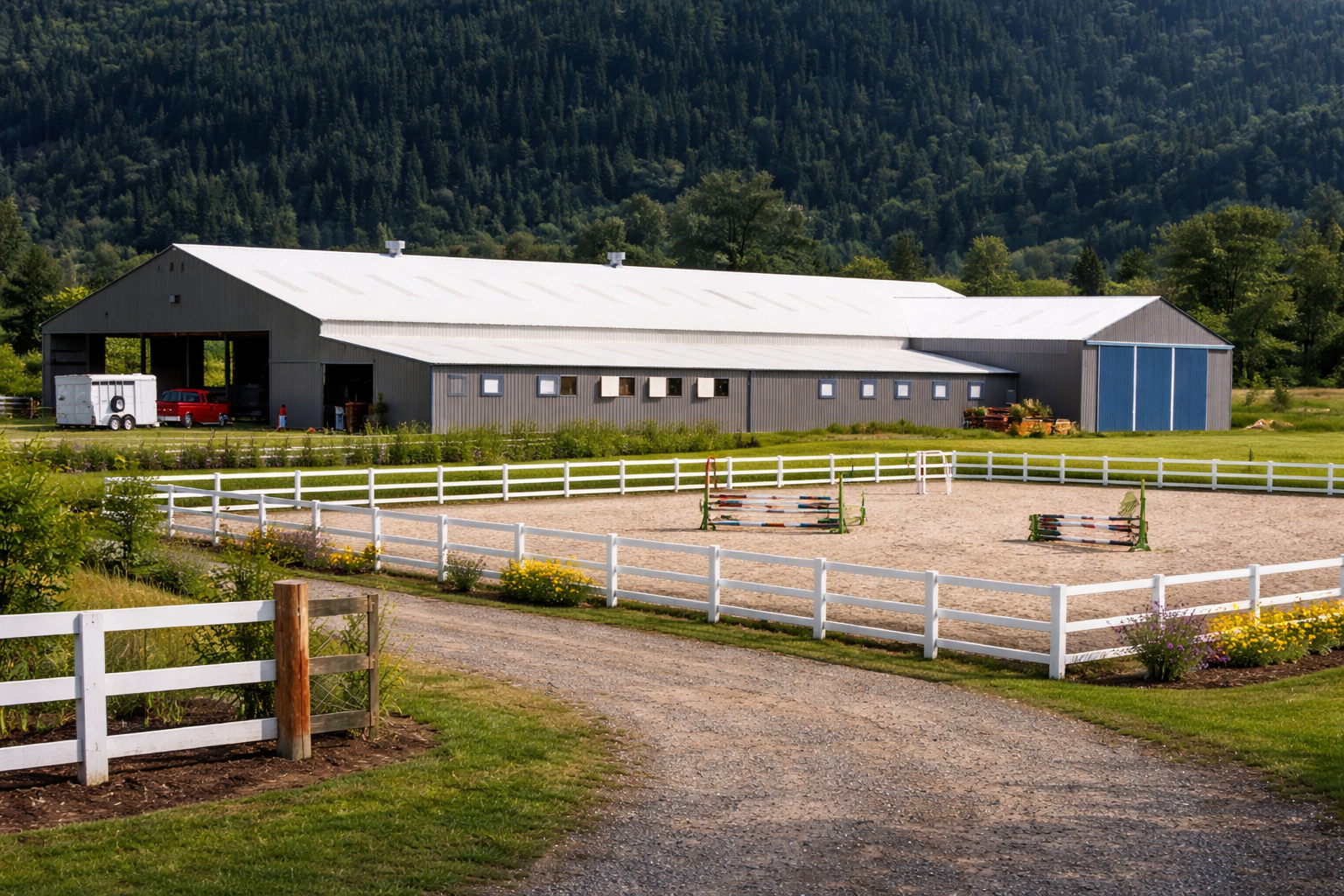 A large, gray riding arena with a white metal roof, surrounded by a white fenced equestrian arena with jumps, set against a backdrop of green trees and mountains.