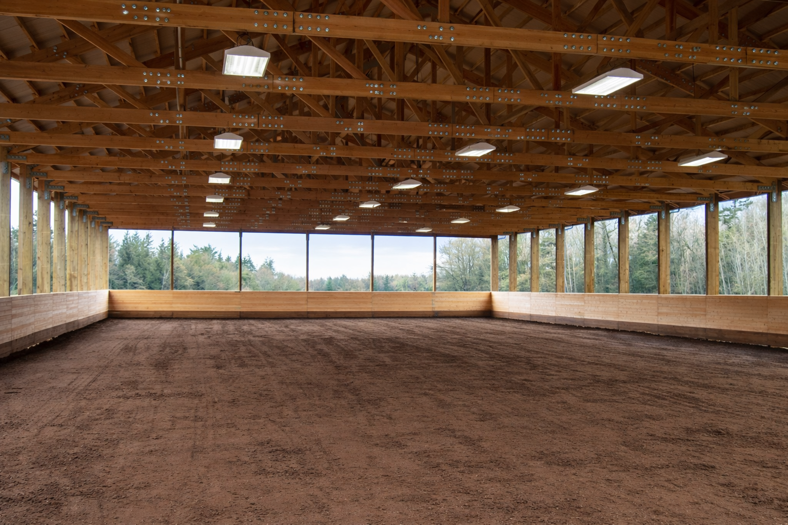A spacious indoor horse riding arena with a dirt floor, wooden walls, and a wooden ceiling with exposed trusses and fluorescent lights. Large windows along one side overlook trees outside.