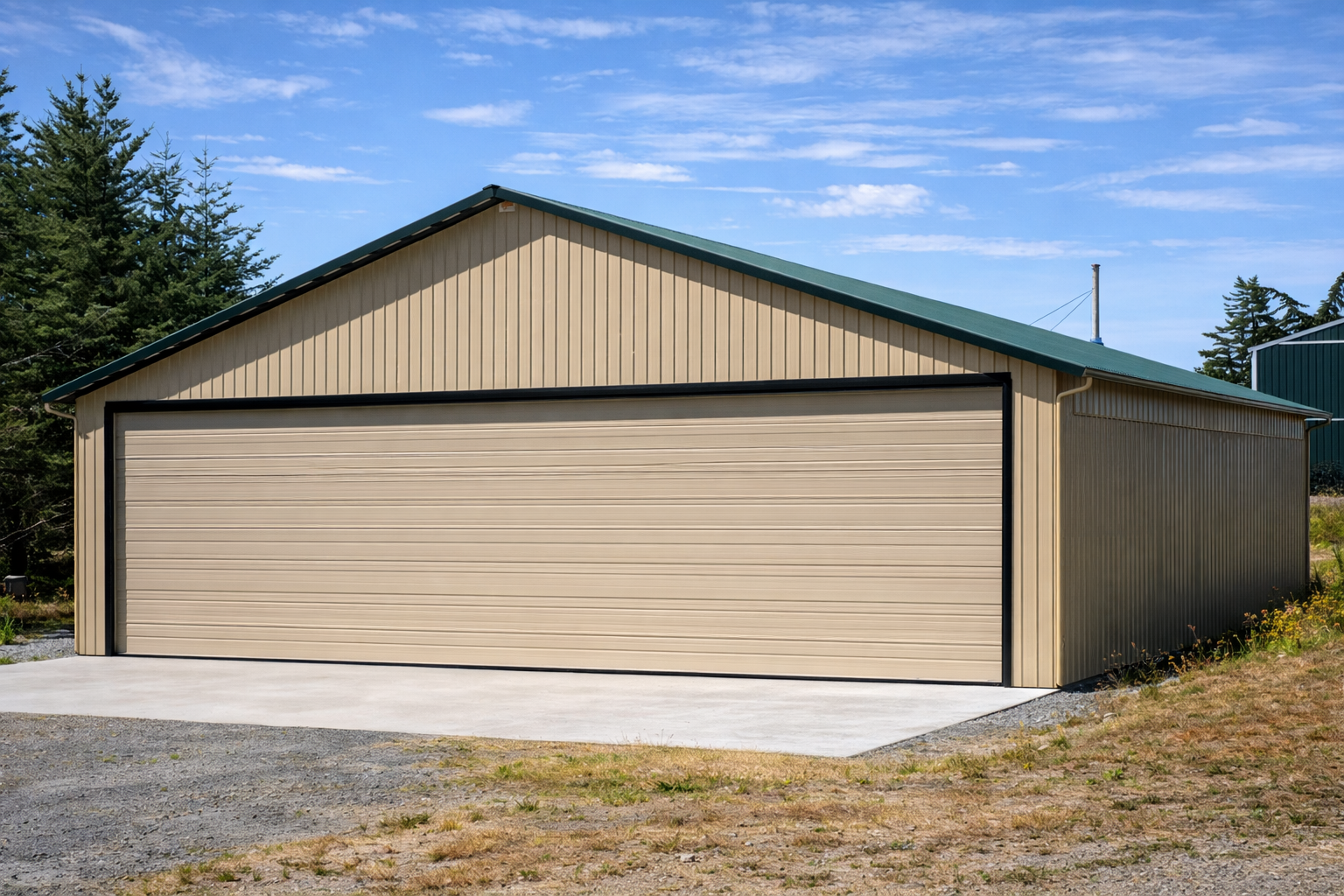 A beige metal garage with a green roof, situated on a concrete pad, surrounded by an open yard with some grass and dirt, under a blue sky with scattered clouds.