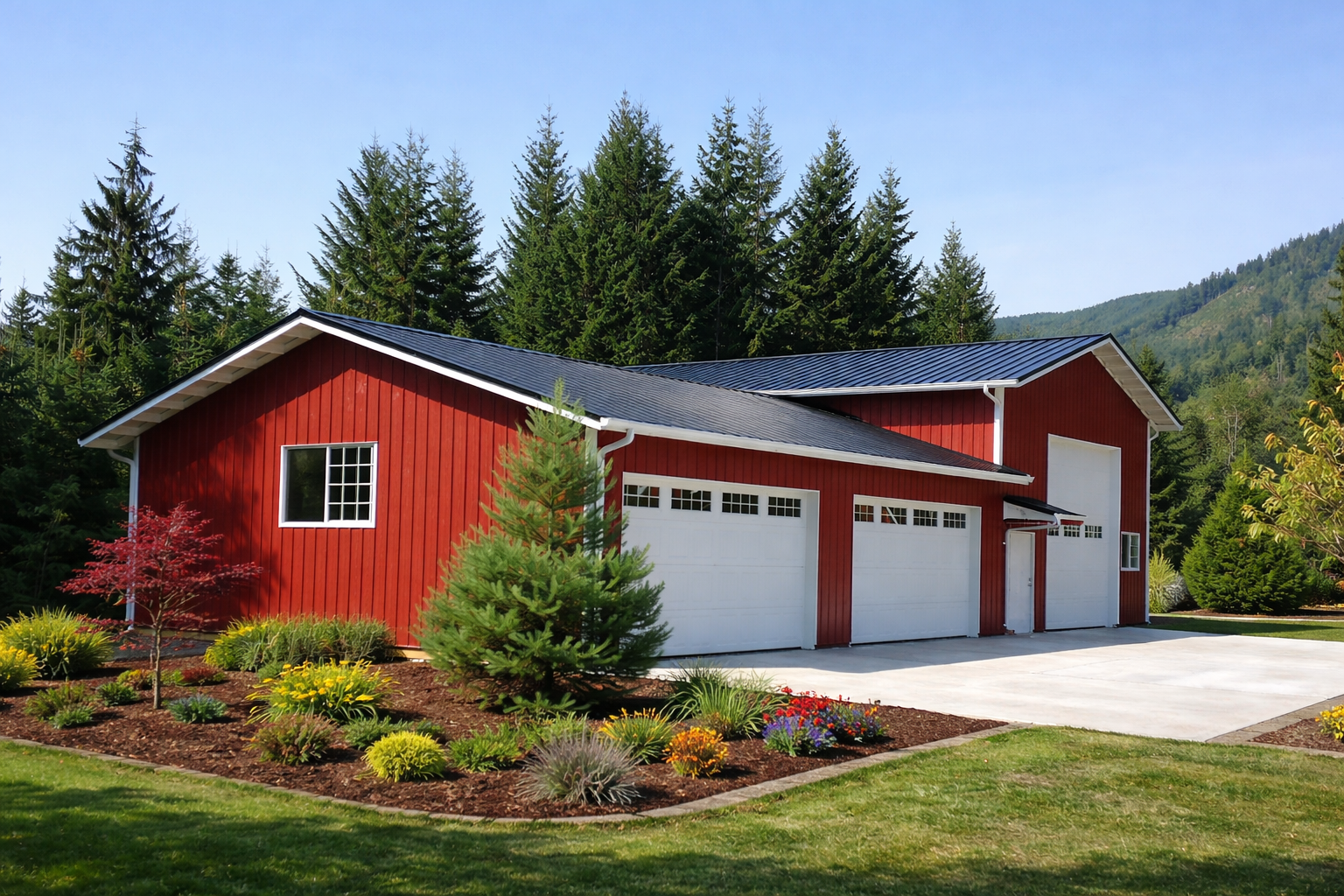 Red barn-style garage with three white doors, surrounded by landscaped garden with trees and flowers, in a rural setting with green mountains in the background.