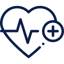 A heart with a pulse line and a medical plus symbol inside it.