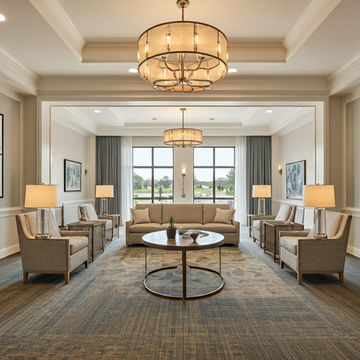 Elegant waiting or lounge area in a well-lit room with a large window, a beige sofa, six armchairs, six matching table lamps, a round coffee table, artwork on the walls, and a patterned area rug.