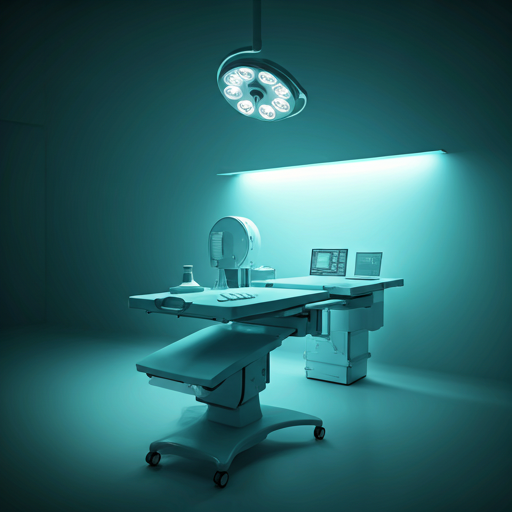Empty hospital operating room with surgical lamp, operating table, and medical equipment on computer screens.