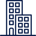 Outline of two city buildings, one taller with seven windows, the other shorter with six windows, on a white background.