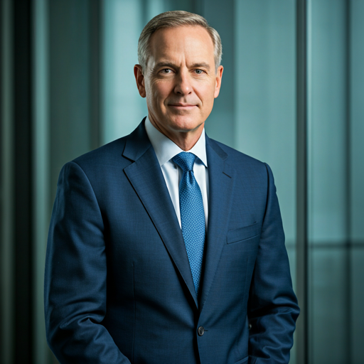 Portrait of a middle-aged man in a blue suit with a blue tie, standing in front of a blurred modern office background.