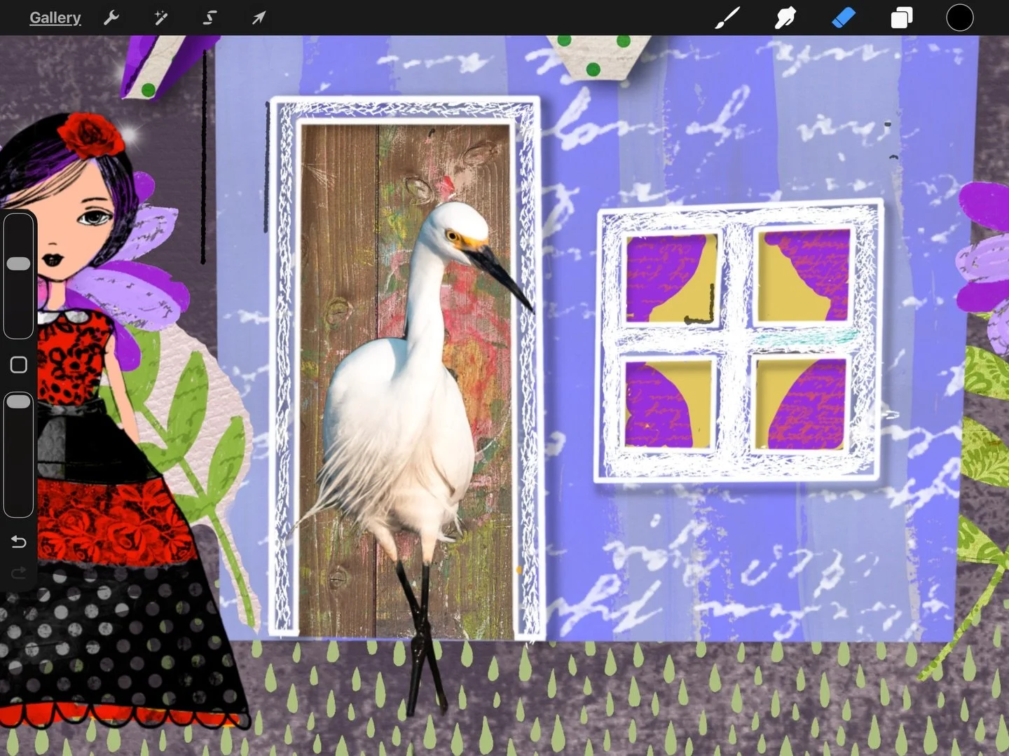 Exploring two very different moods in my latest digital collage work.

In the first slide, I&rsquo;ve combined structured elements&mdash;a hand-drawn window and a textured door&mdash;with the elegant presence of a Snowy Egret. There&rsquo;s a sense o