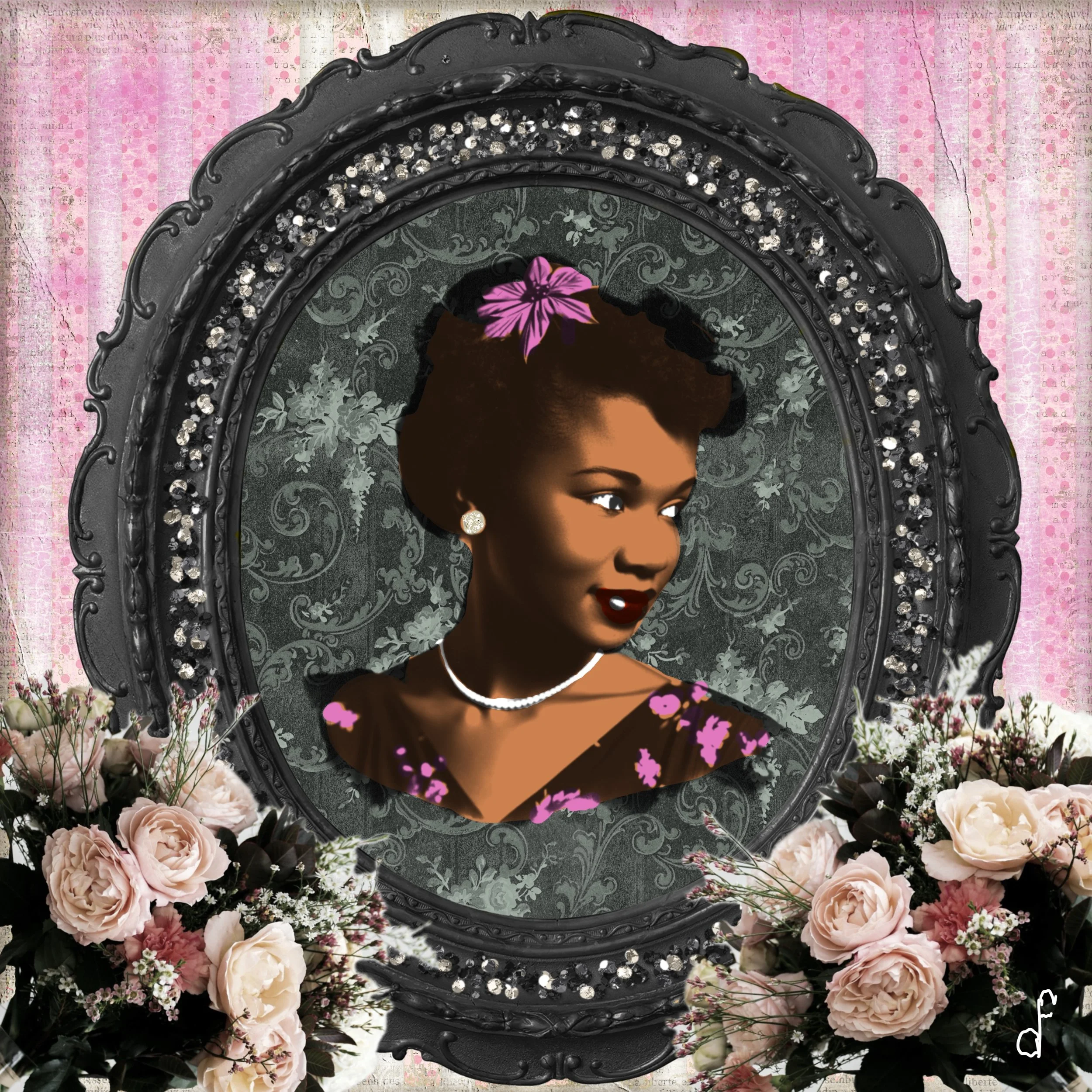 Digital illustration of a woman with dark skin, short styled hair, earrings, and a pearl necklace, in a vintage oval frame with floral background and pink flowers at the bottom.