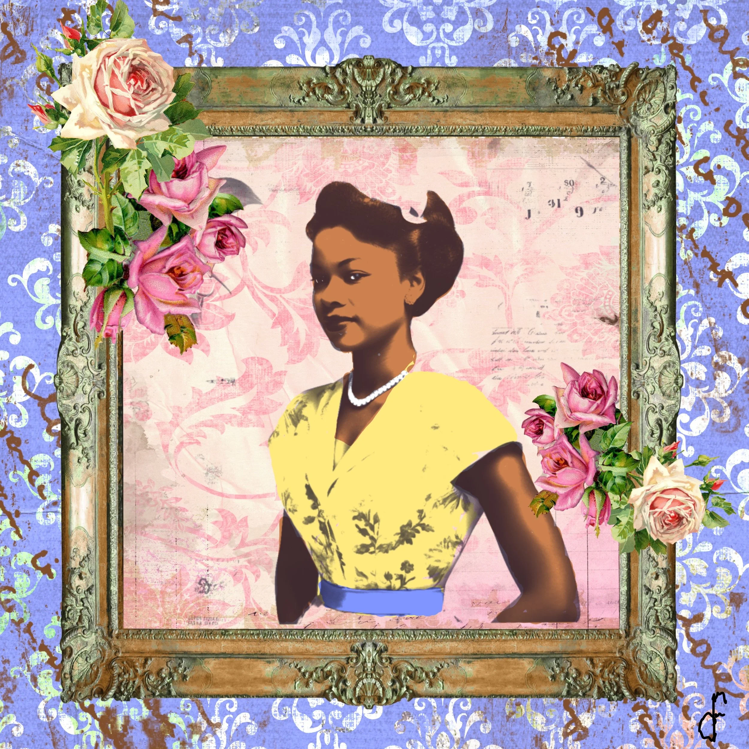 A vintage-style portrait of a woman with dark hair styled in an updo, wearing a yellow dress with black floral pattern, a blue belt, and a pearl necklace, framed with pink and white roses and set against a pink and floral patterned background with a 