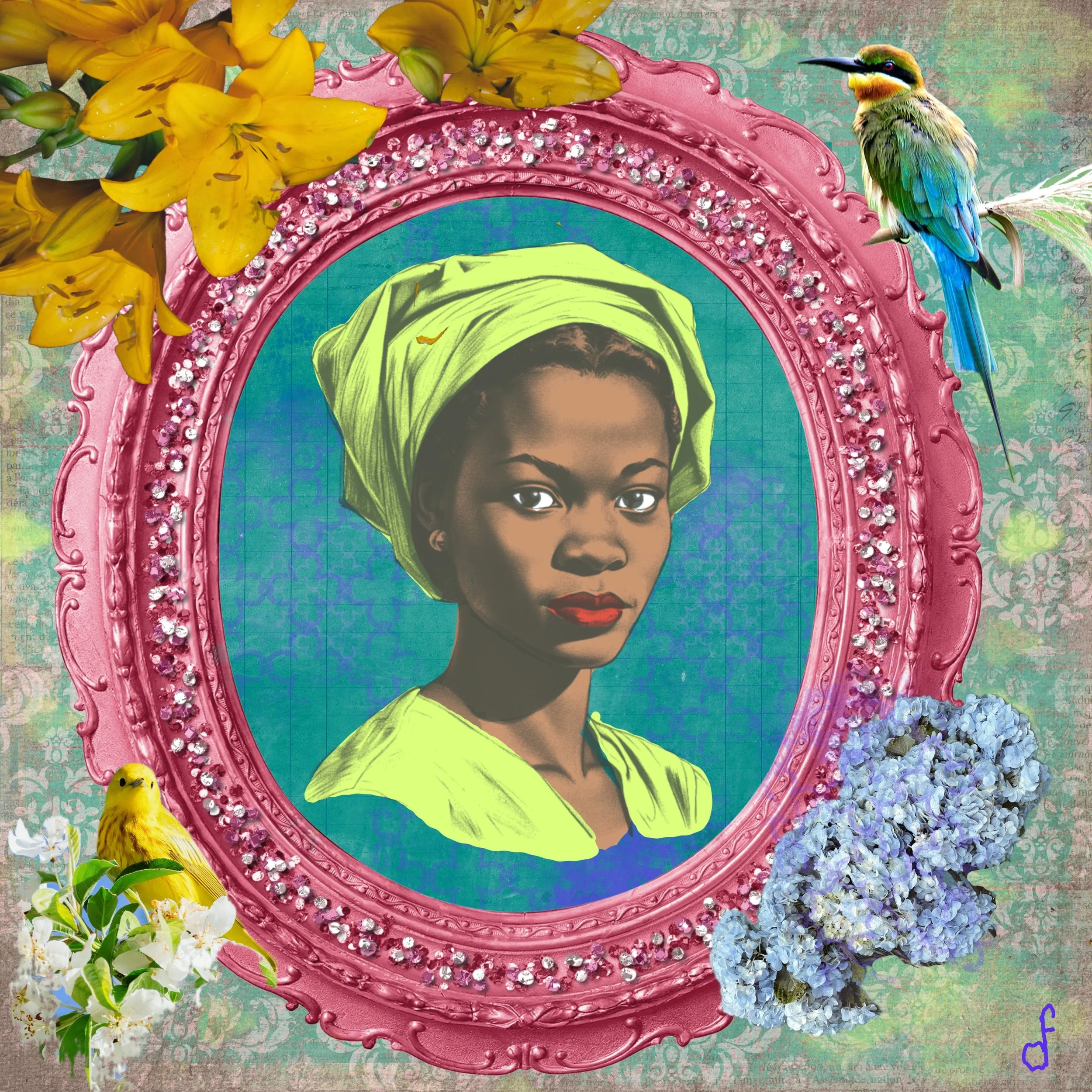 A portrait of a young African woman with dark skin, red lipstick, and a lime green headwrap, framed by a pink ornate mirror, surrounded by yellow lilies, blue hydrangeas, and colorful birds, set against a textured background.