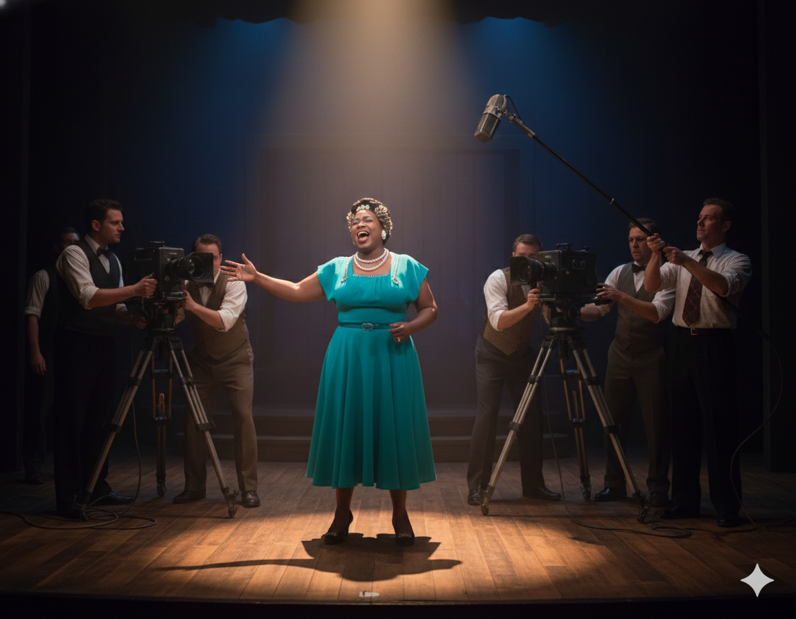 A woman singing passionately on stage surrounded by cameramen filming the performance, with stage lighting highlighting her.