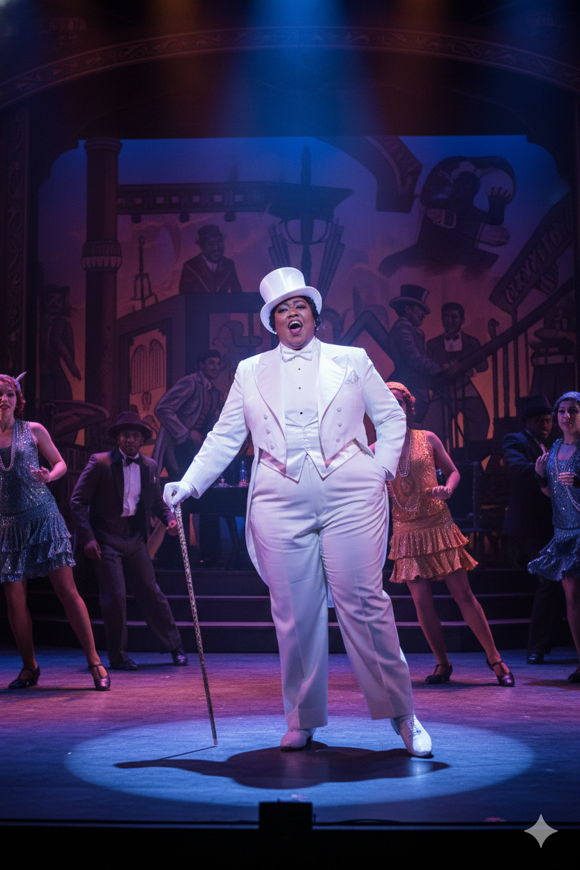A singer dressed in a white tuxedo, top hat, and holding a cane performs on stage with a group of dancers in vintage costumes in the background, under colorful stage lighting.