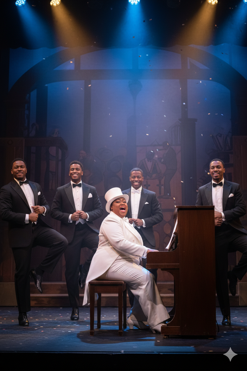 A woman in a white suit and top hat plays the piano on stage, surrounded by four men in tuxedos, during a lively performance or show.