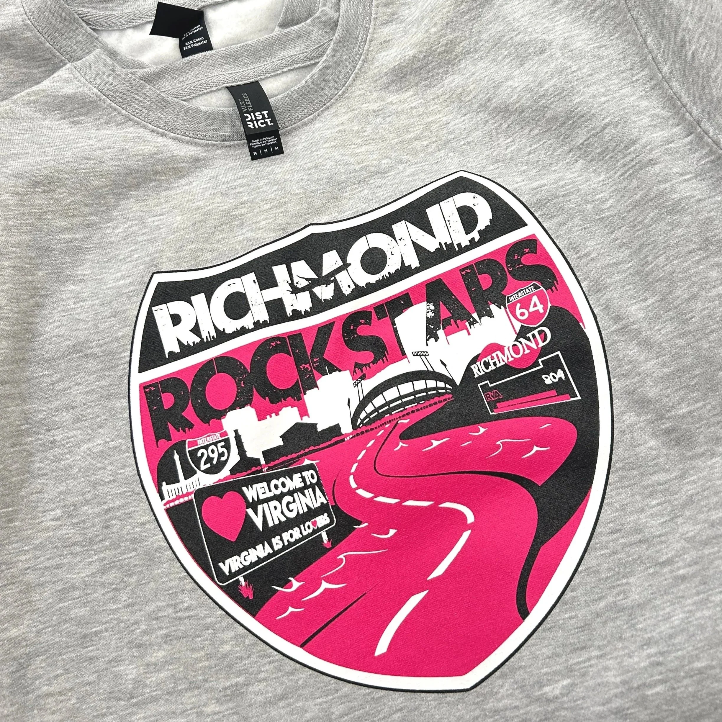 Screen Printed District Crewneck Fleece Sport Grey Richmond RockStars Print Customade shirt printing Richmond VA