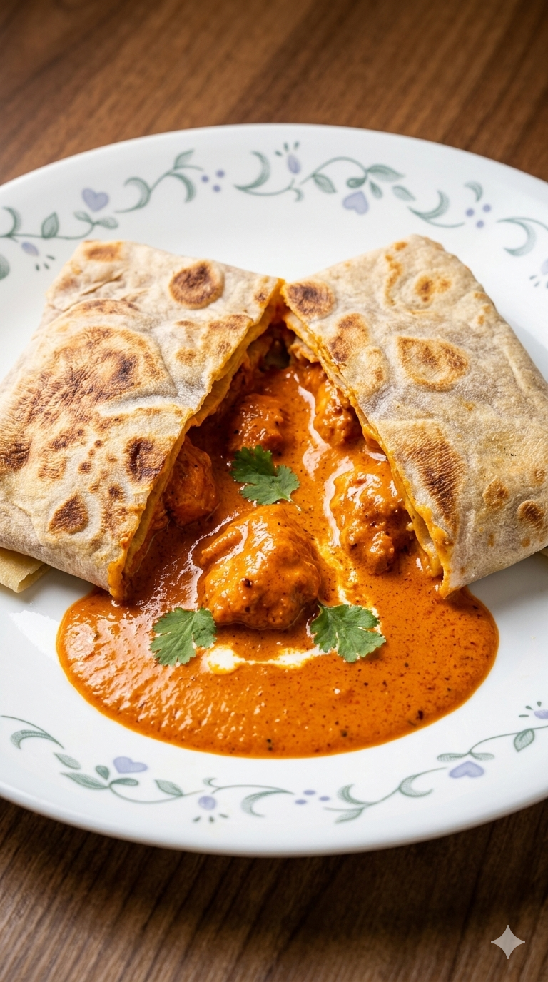 A plate with an Indian dish featuring chapati bread and curry with meatballs garnished with cilantro.
