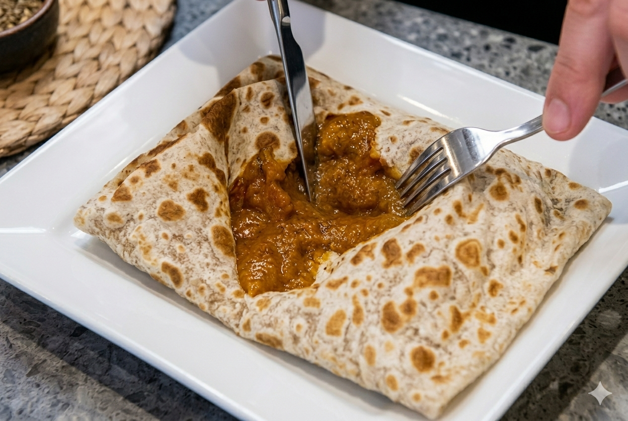 A quesadilla with an open section showing melted cheese and meat filling, served on a white square plate, with fork and knife cutting into it.