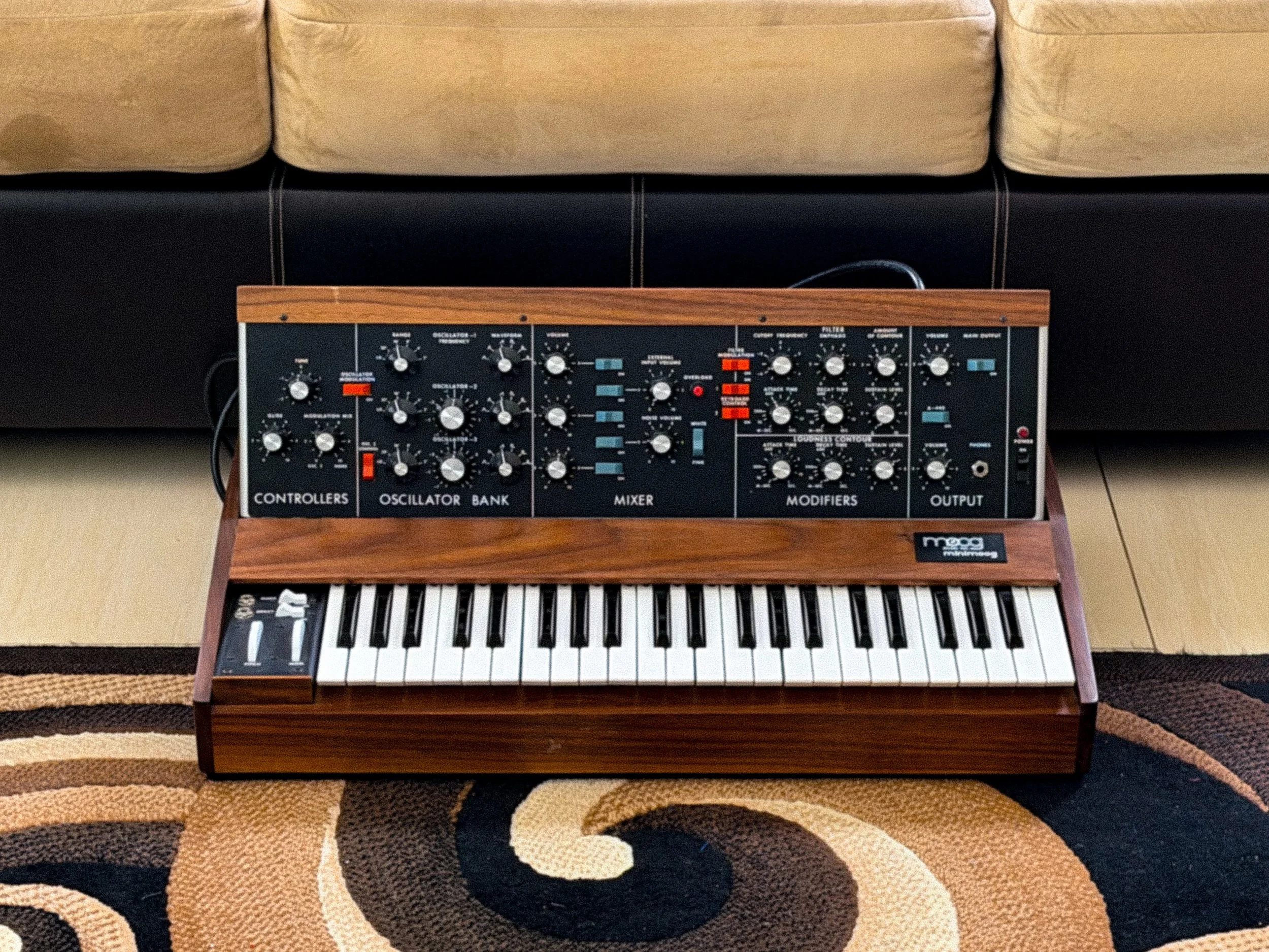 For sale: This legendary Vintage Minimoog Model D from 1972. This beautiful example of a Minimoog has been electronically restored, new electrolytic capacitors, and calibrated and oscillators tuned. New key bushings as well. This one features the old
