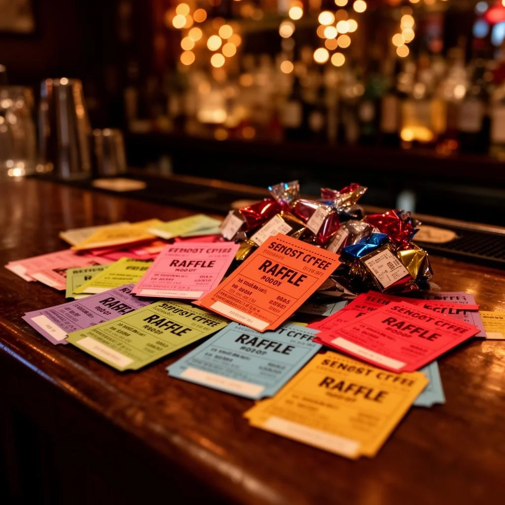 Various colorful raffle tickets and wrapped candies on a wooden bar counter in a dimly lit bar or pub, with blurred lights and bottles in the background.