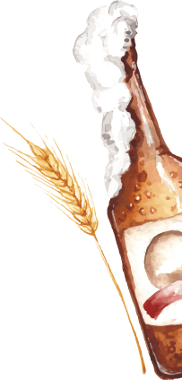 A bottle of beer with foam at the top, a pretzel, and wheat stalks.