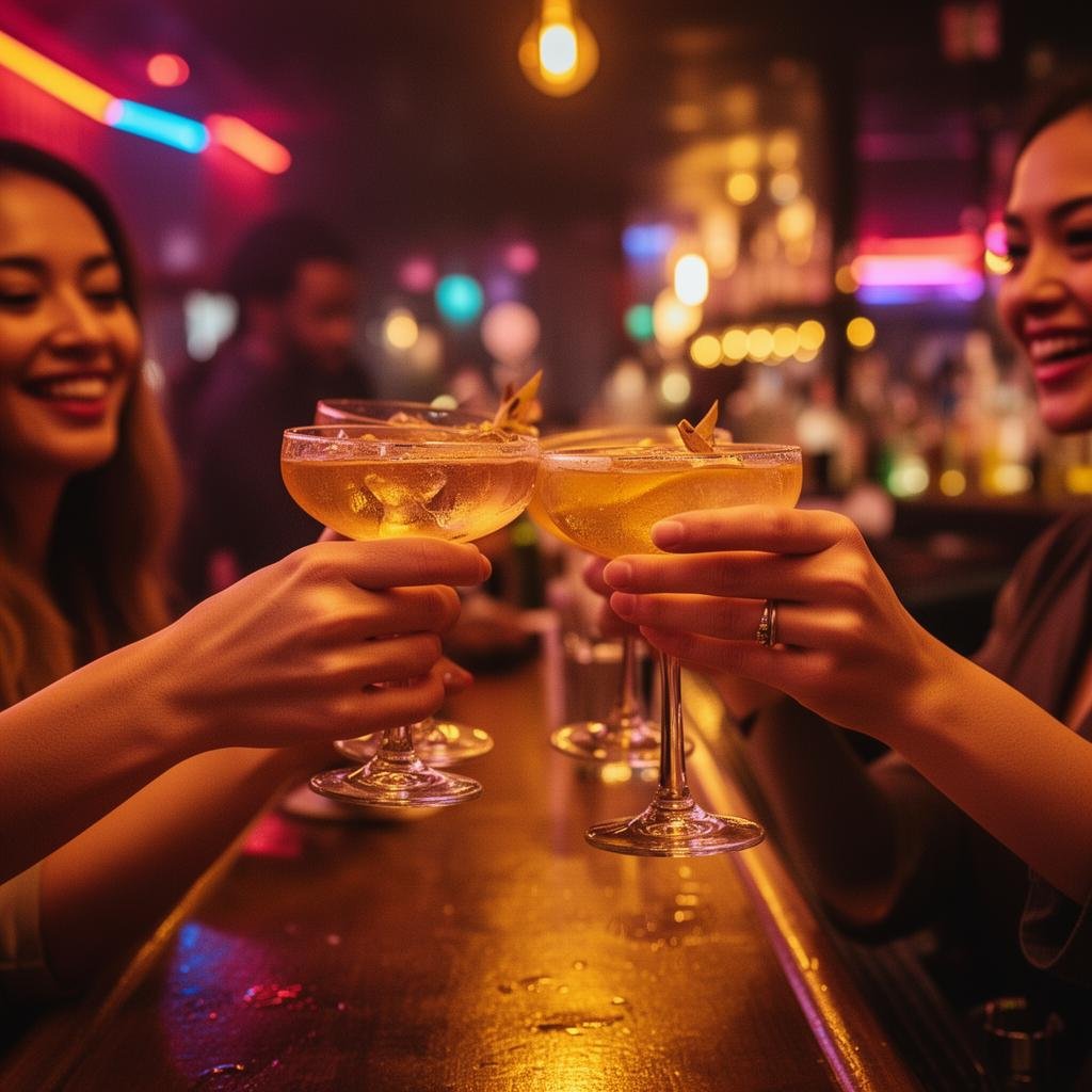 Two women clinking cocktails in a dimly lit bar with colorful neon lights in the background.