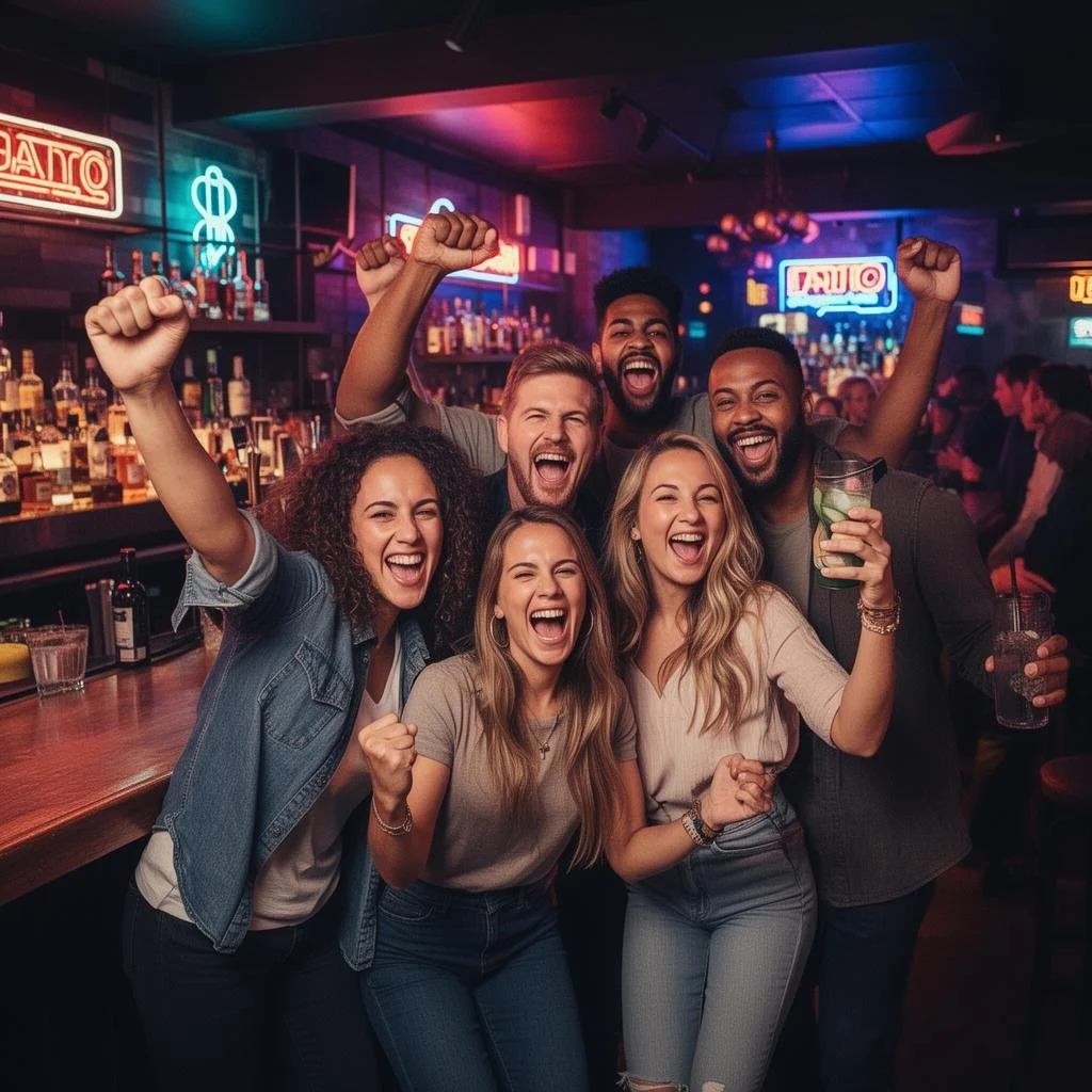 A group of six diverse young adults celebrating and smiling together in a bar or nightclub, raising their fists and drinks in excitement.