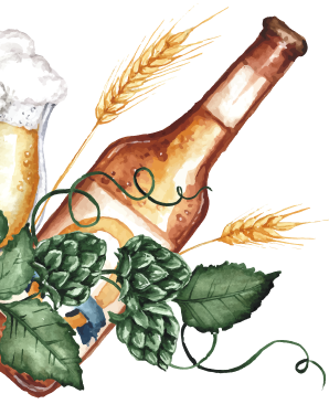 A bottle of beer, a glass of beer, wheat, and hops with green leaves.