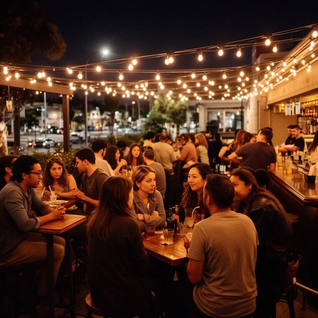 Nighttime scene of an outdoor bar or restaurant with string lights overhead, filled with groups of people sitting at tables, socializing and drinking.