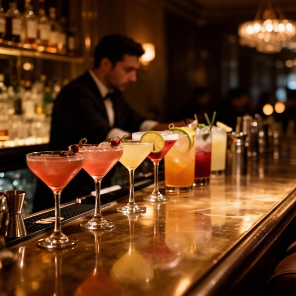 A row of colorful cocktails on a bar counter with a bartender preparing drinks in the background.