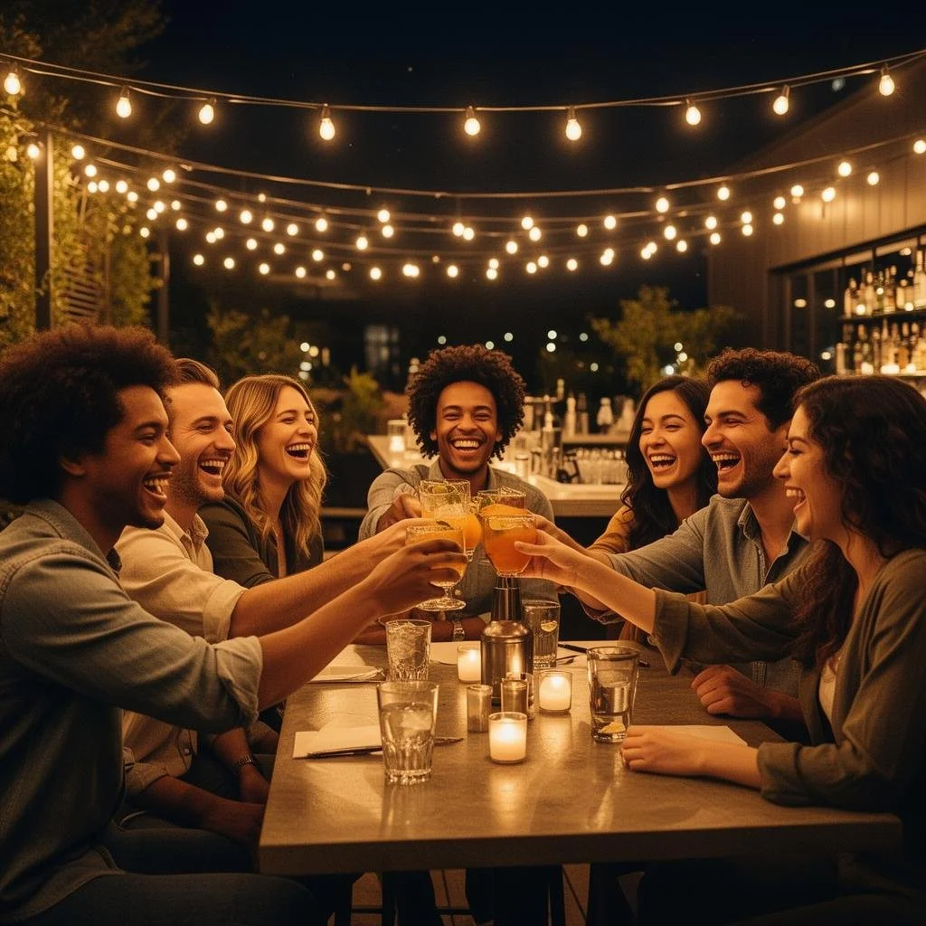 Group of friends at an outdoor bar or restaurant enjoying drinks and laughing under string lights at night.