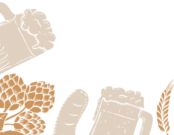 Illustration of hops, a barley stalk, a barley ear, and two mugs of beer with foam on top.