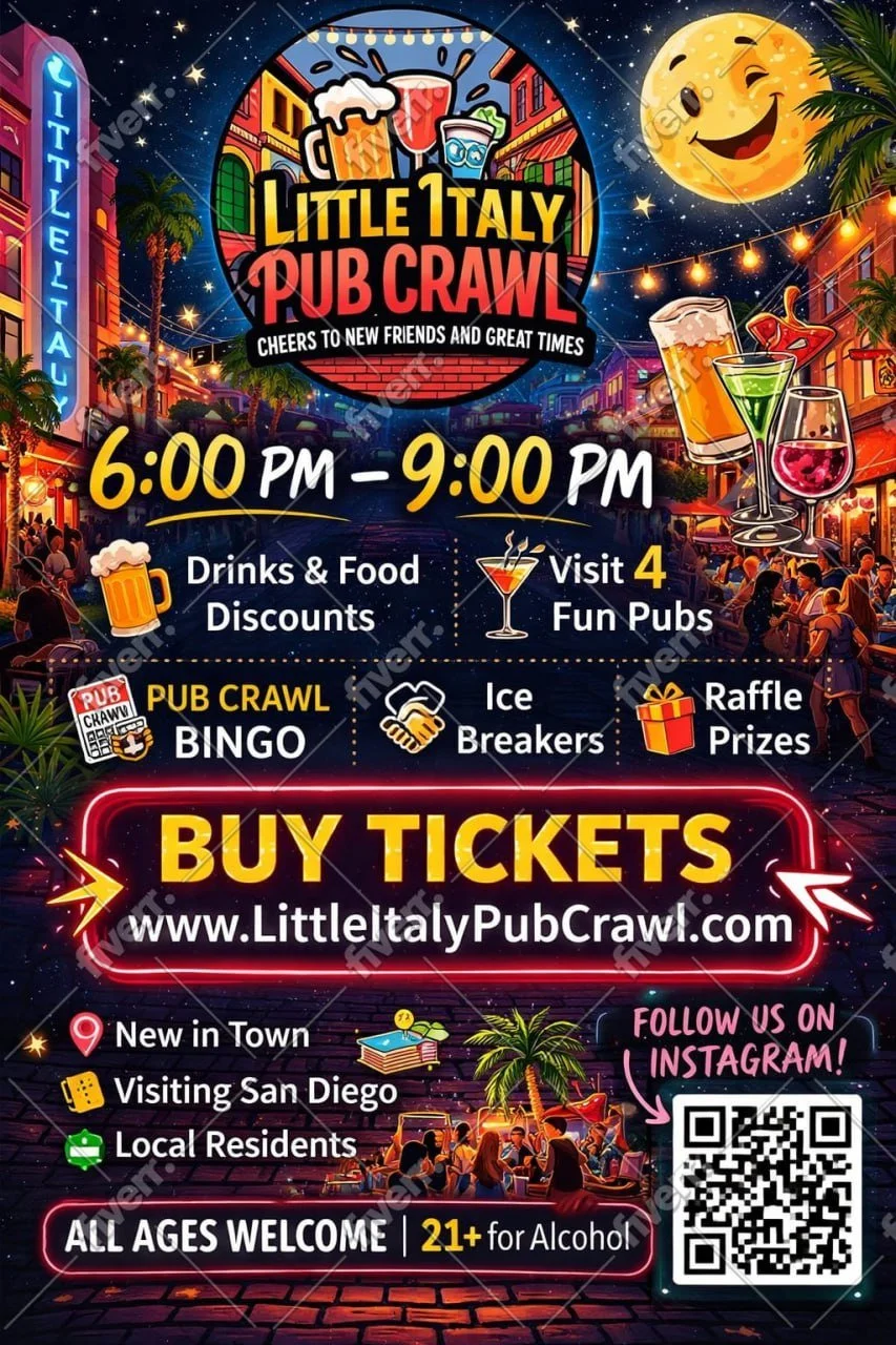 A vibrant promotional poster for the Little Italy Pub Crawl event featuring colorful illustrations of drinks, a bright full moon, a lively street scene with people, and a QR code, emphasizing event details, timings, and activities.