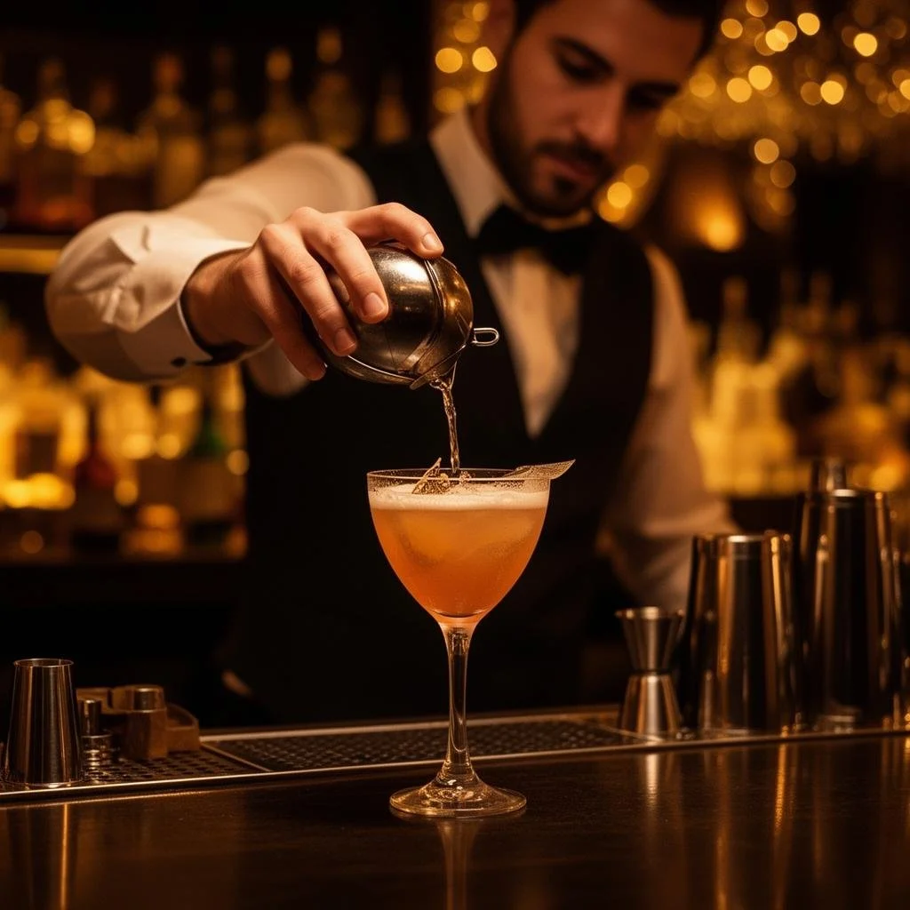 A bartender pours a cocktail into a martini glass in a dimly lit bar with warm, ambient lighting.