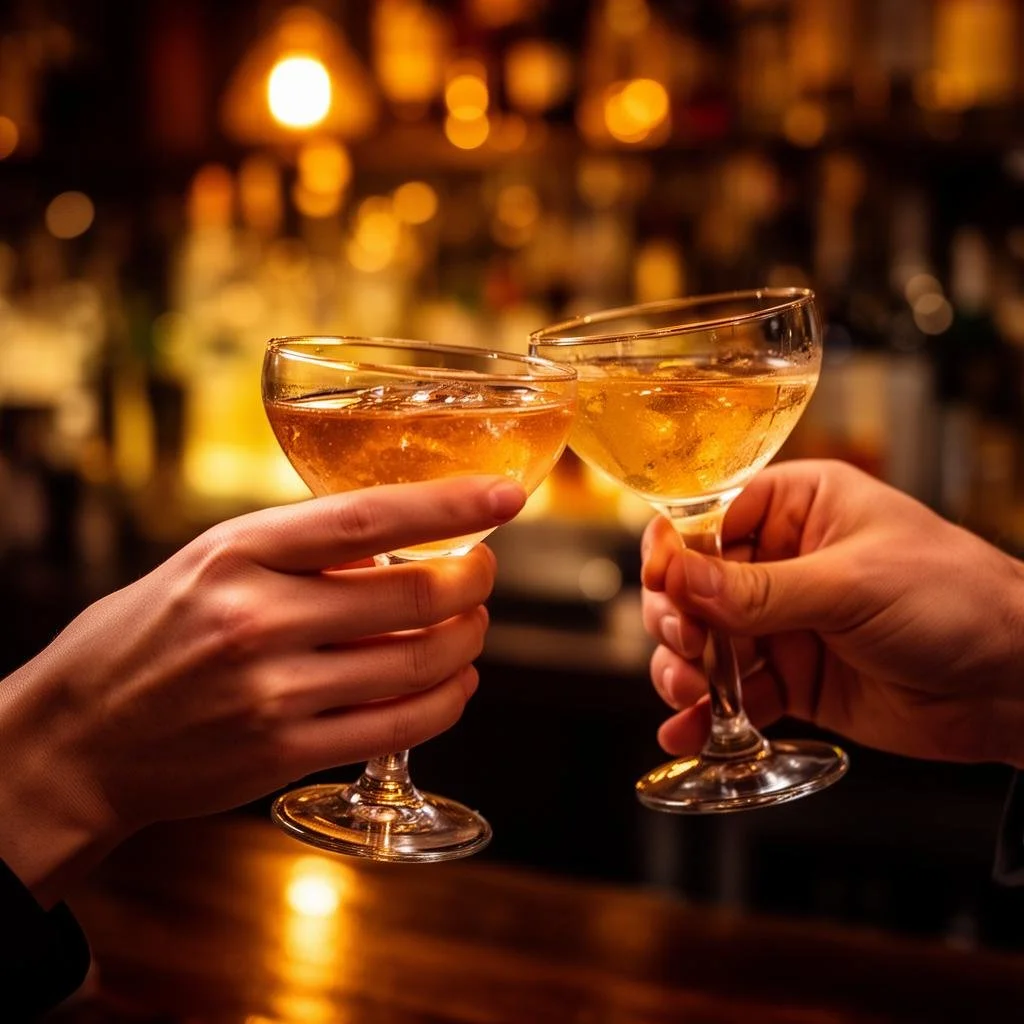 Two people clinking glasses of champagne in a dimly lit bar or restaurant.