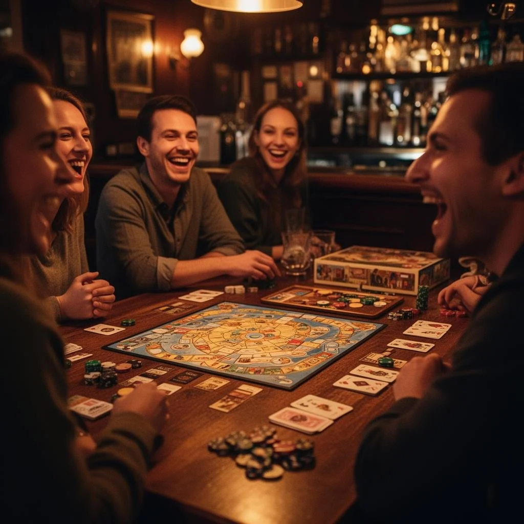 Group of friends playing a board game at a bar, all laughing and enjoying the game.