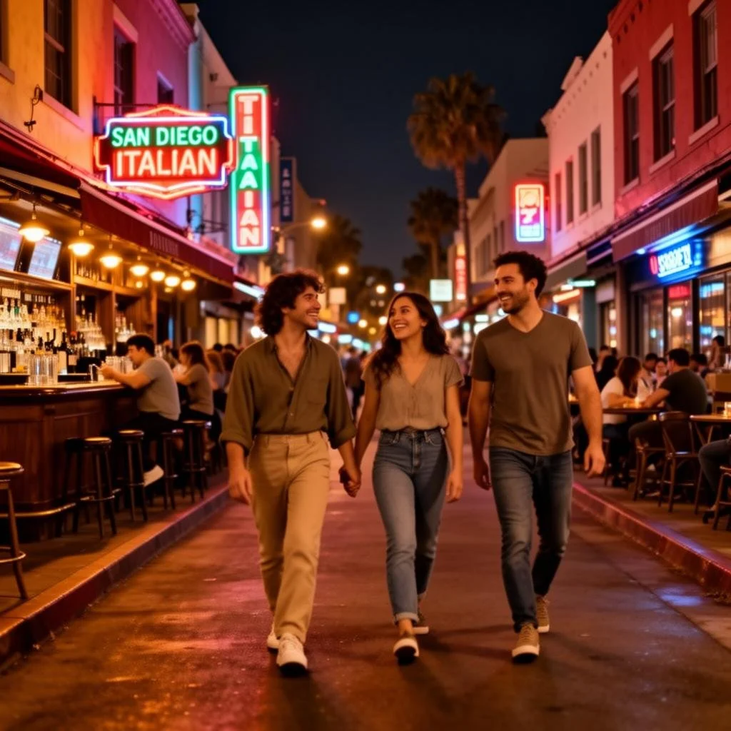 Three friends walk hand in hand on a lively street at night, lined with restaurants and neon signs, with people dining at outdoor tables.