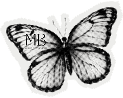 Black and white butterfly illustration with the initials 'MB'