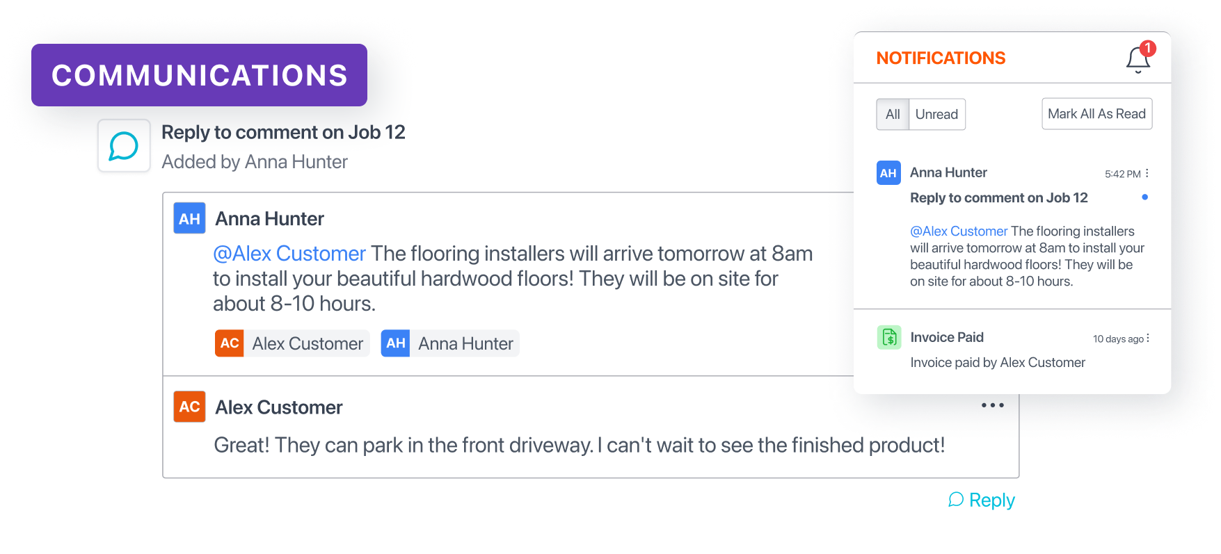 Screenshot of a communication interface showing comments and notifications related to job and invoice updates, including a message about hardwood flooring installation scheduled for 8 am with details and a paid invoice notification.